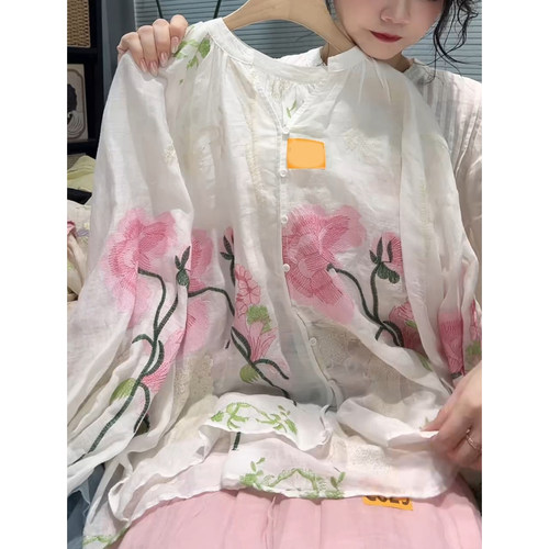 苎麻花卉刺绣v领衬衫防晒上衣