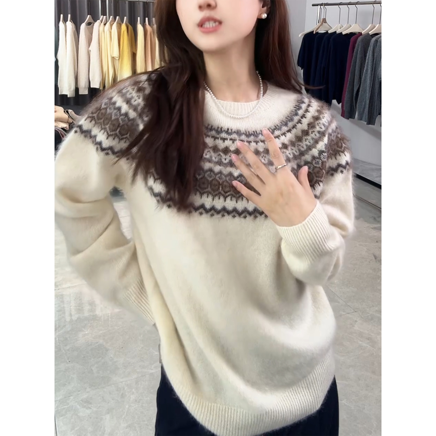 费尔岛提花山羊绒衫蓬松毛衣