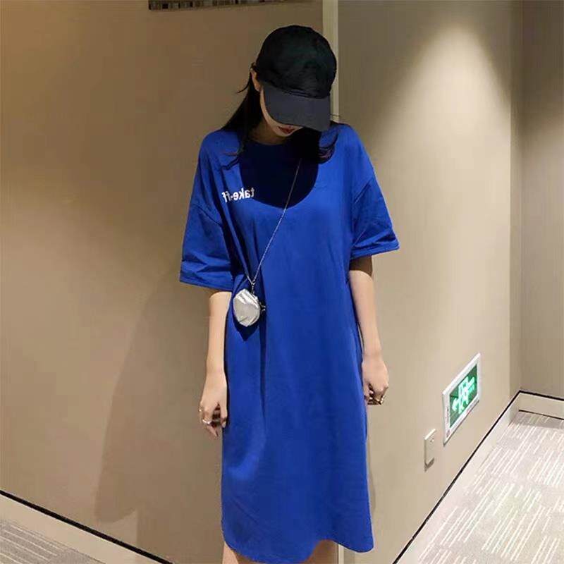 克莱因蓝纯棉短袖连衣裙女夏季懒人家居服大码长款过膝t恤睡衣裙