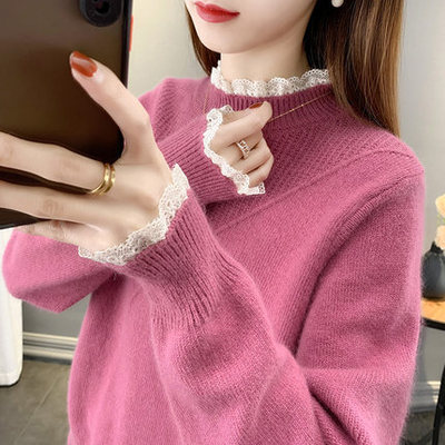 Women's sweater in autumn and winter new semi high collar lace stitching knitted bottom coat for women