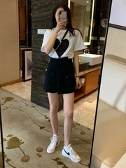 Early spring 2021 new Han Fan ins round neck Love Print short sleeve T-shirt + slim high waist shorts skirt women's suit