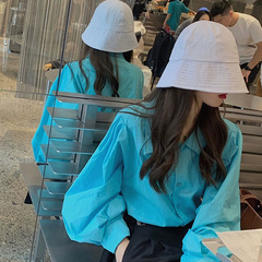 Design sense minority Lantern Sleeve blue shirt women's spring 2021 new Korean retro loose Hong Kong style shirt