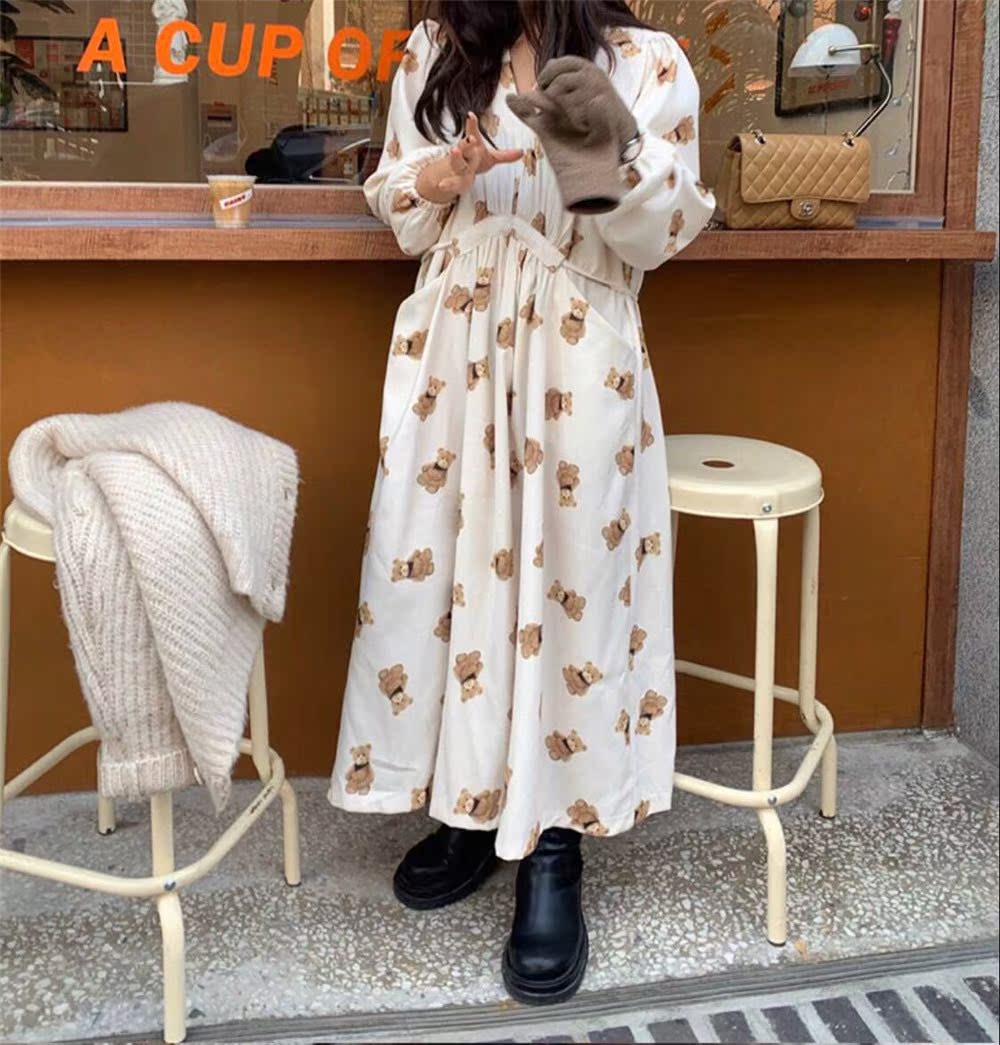 Base skirt long skirt loose net red fashion age reduction cute bear print collar dress for women