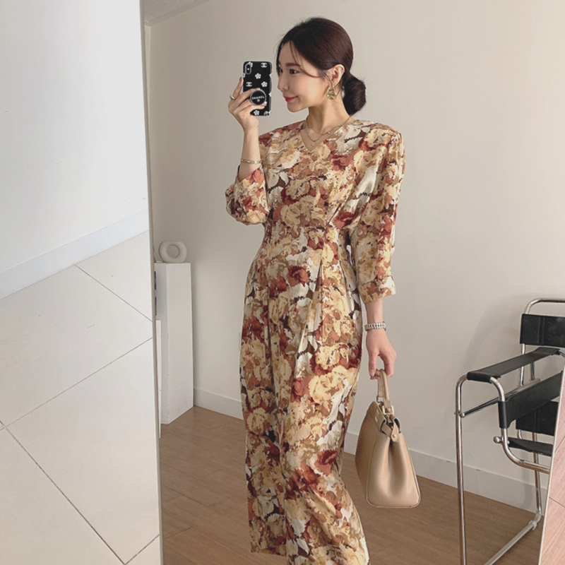 Retro halo dye ink painting collar mid length waist slim dress