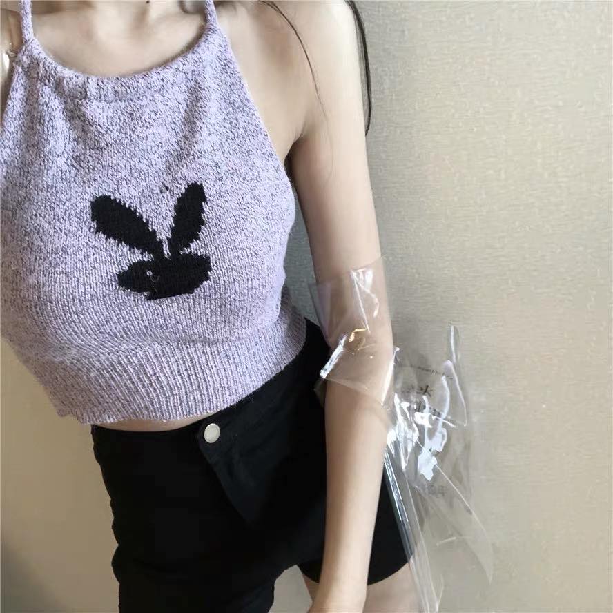 Open back suspender, rabbit neck, knitted short vest, slim fitting and bottom coat