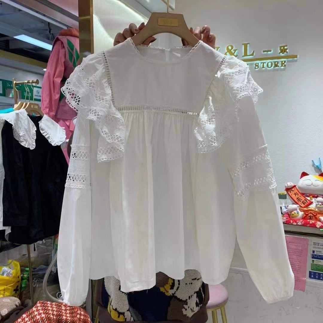 South Korea dongdamen 2021 spring and Autumn New Women's dress sweet hollow out Ruffle loose long sleeve shirt foreign style top