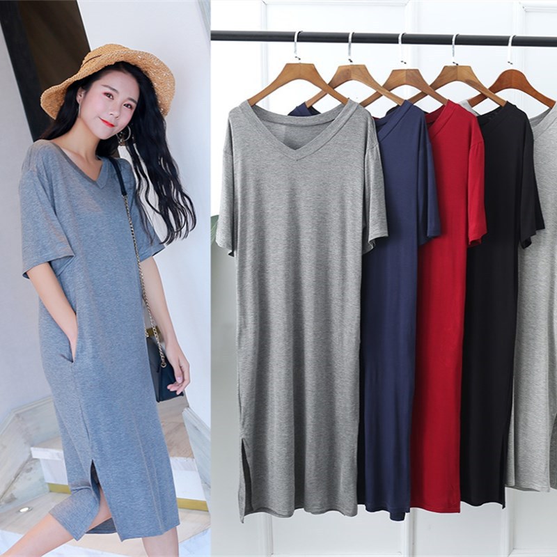 New collar dress women's thin large size loose casual thin base short sleeve split skirt summer