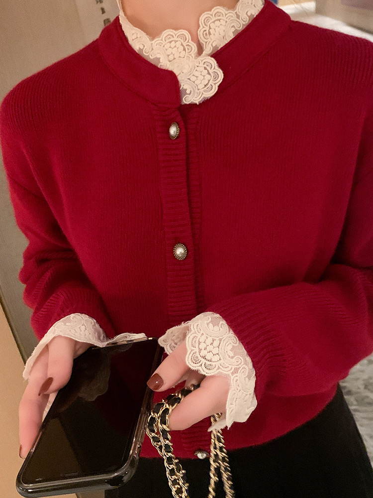 Small grain lace stitched sweater new year women's winter lazy style Korean loose thickened knitting top