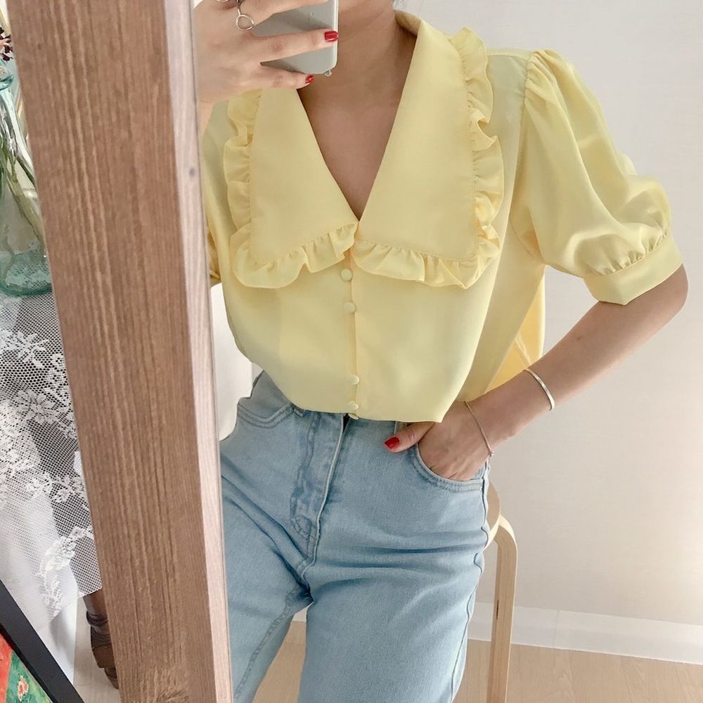 Korean chic Lapel ear edge yellow chiffon shirt baby collar top