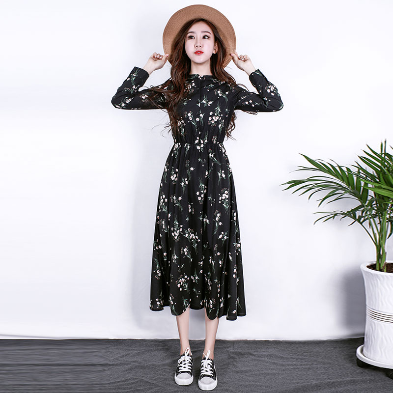 Mori girl's Floral Chiffon Long Sleeve Dress with A-line skirt