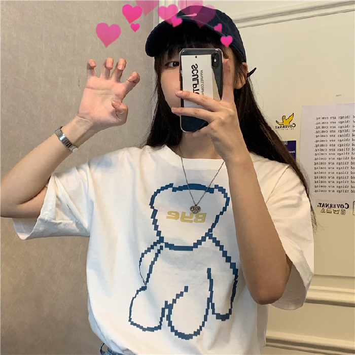冰瓷棉支新款大碼女裝百搭圓領印花寬鬆短袖恤潮