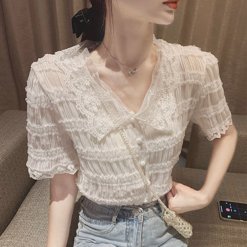 French sweet and gentle super fairy top design small Korean chic Short Sleeve Chiffon shirt summer