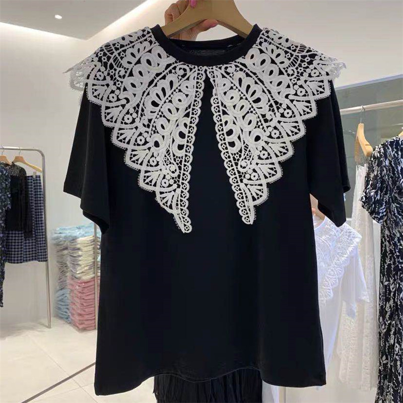 2021 summer fashion new style foreign style sweet lace Lapel loose short sleeve T-shirt blouse