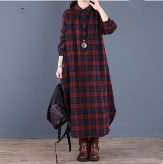 Korean new fashion Plaid Dress Medium Length loose women's long skirt irregular spring