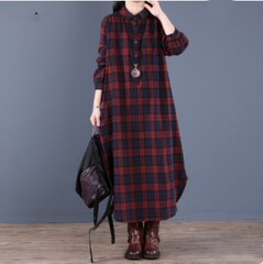 Korean new fashion Plaid Dress Medium Length loose women's long skirt irregular spring