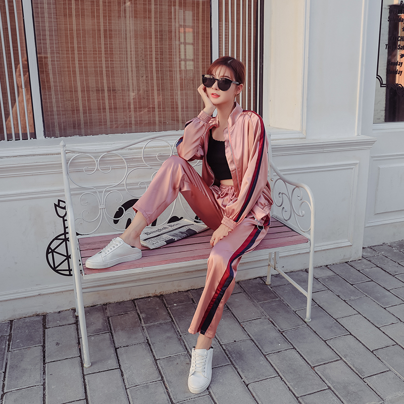 Real photo Korean college Style Pink Baseball suit spring and autumn leisure sports suit women's fashion