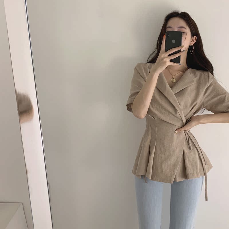 Summer retro French niche suit Lapel lace up waist slim shirt versatile top girl