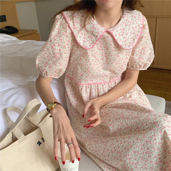 2021 summer large women's dress fat mm gentle sweet baby collar small floral loose waist bubble sleeve dress