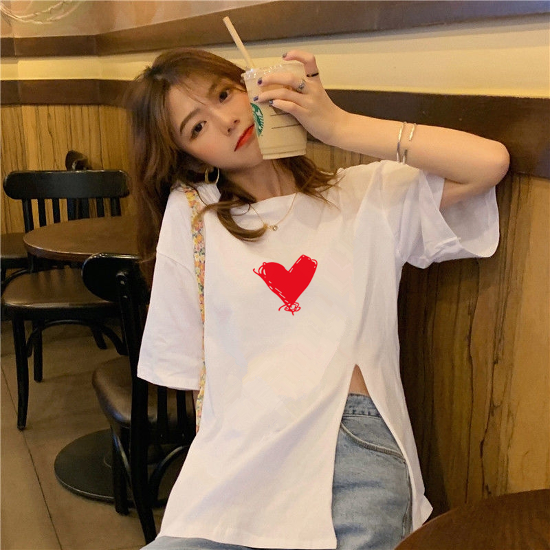 Cotton summer medium long short sleeve women's T-shirt split print Korean large women's loose college style top