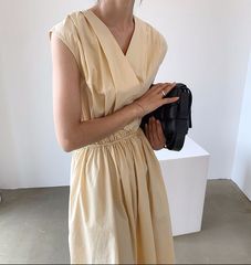 Korean style V-neck simple solid color lace up waist mid length dress for women