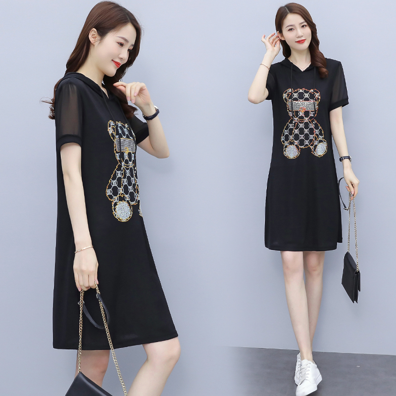 Large size women's 2021 summer new Korean loose, thin and heavy craft hot drill Hooded Sweater Dress