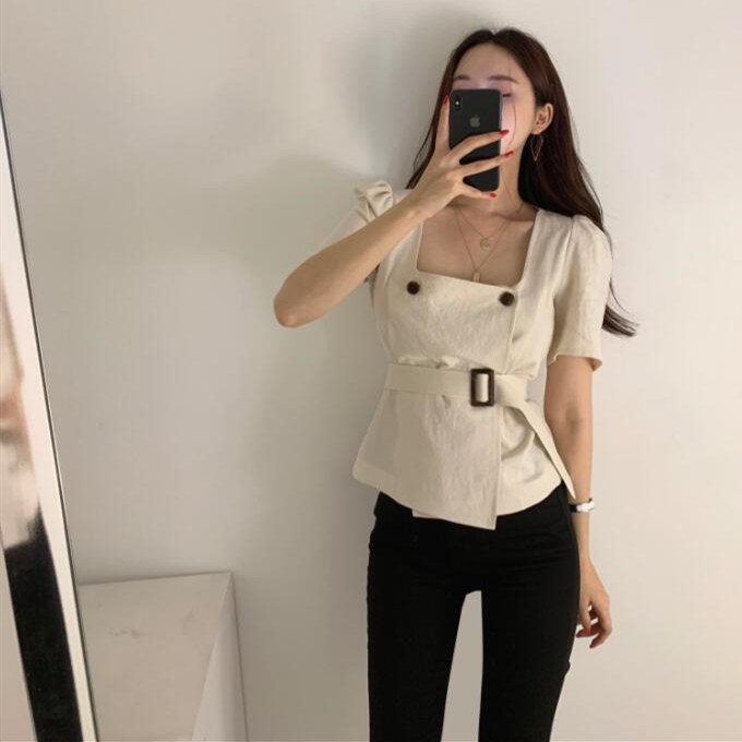 Summer retro French niche square neck double row button lace up waist slim Short Sleeve Shirt Top