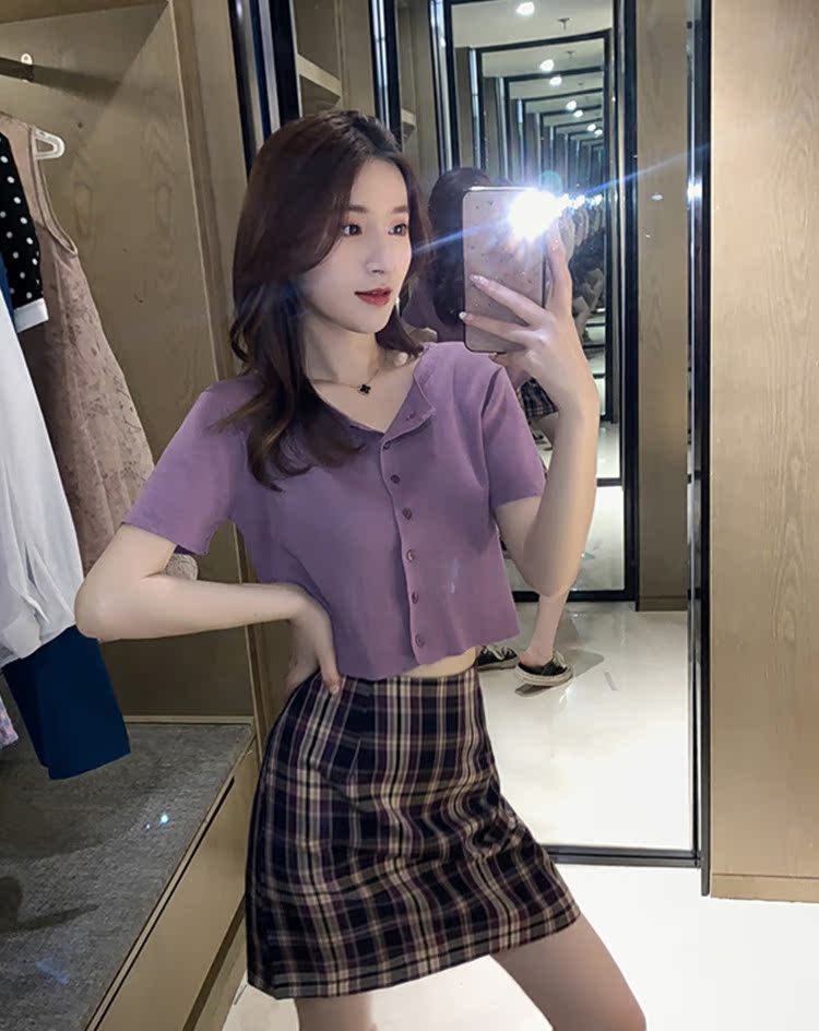Purple high waist short open navel small sexy T-shirt retro Plaid split skirt suit