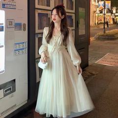 French retro dress women's new spring autumn collar fairy skirt white gauze temperament skirt