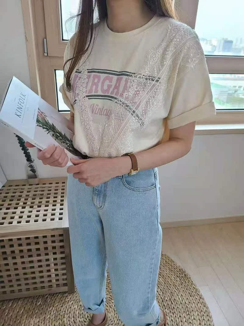 2021 spring playful casual lace letter T-shirt