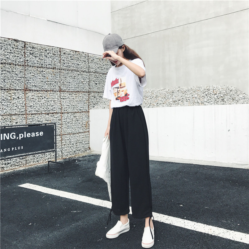 Harajuku style wide leg pants women's summer nine cent knickers autumn leisure straight necked sports Hong Kong style pants