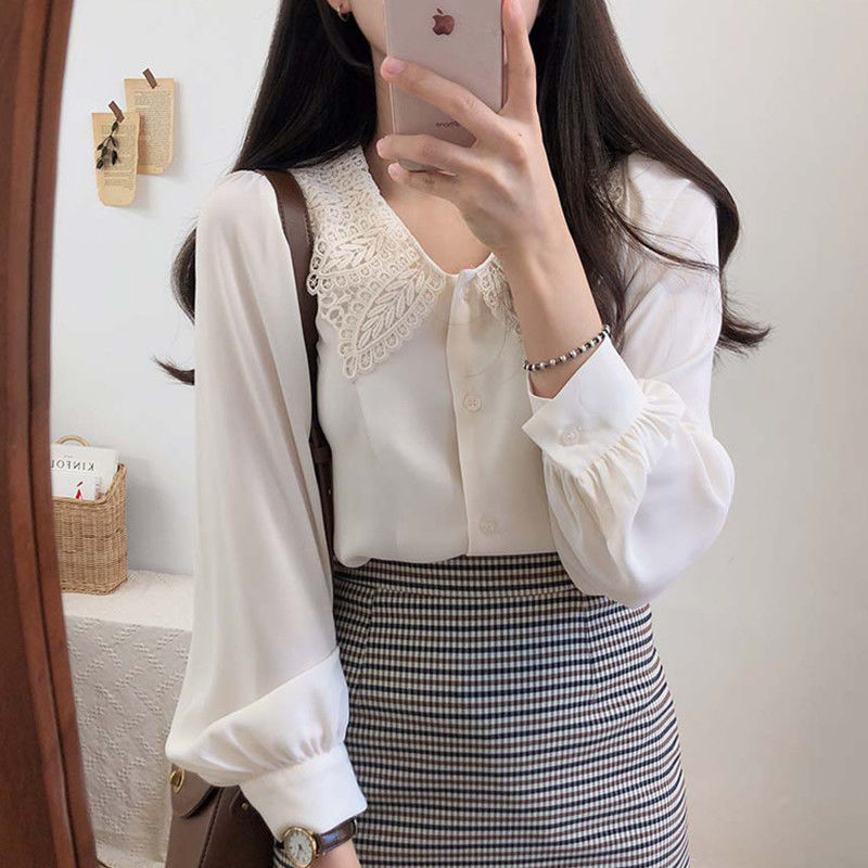 South Korea new pure color embroidered lace long sleeve shirt