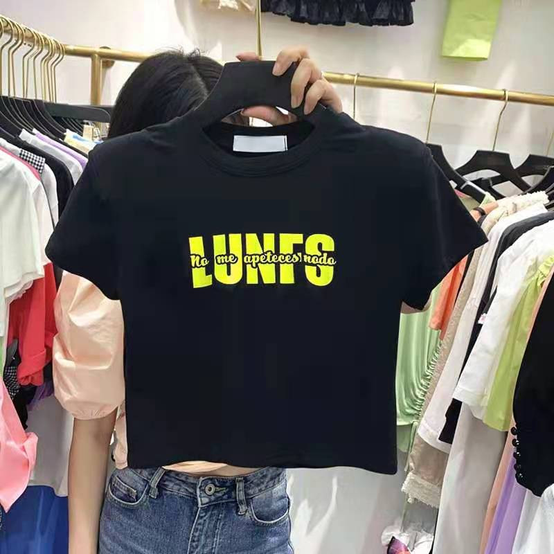 Summer new high waist open navel short T-shirt slim cotton letter short sleeve top