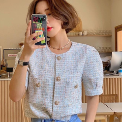 Korean summer small fragrance, small round neck, short sleeve, single breasted, thick thread and mixed weaving gold bright silk blouse