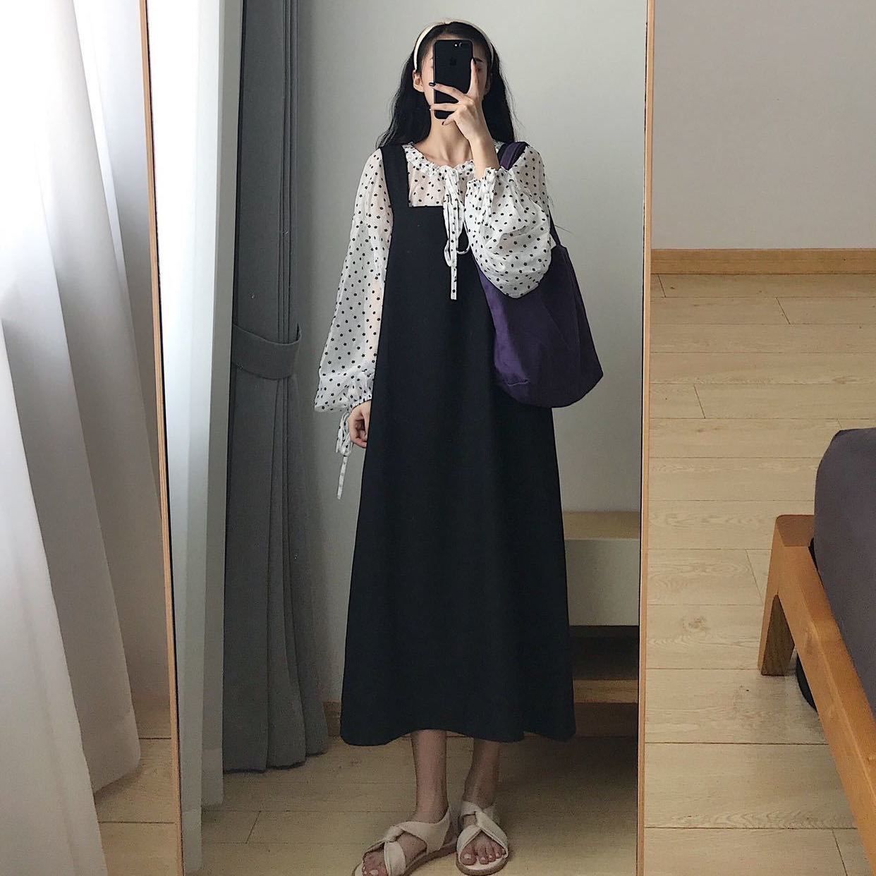 Large women's fat sister suit loose and versatile shirt show thin strap long skirt two piece set