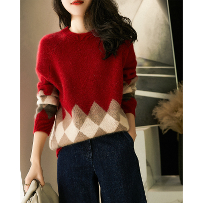Retro rhombic thickened sweater all wool round neck knitted pullover for women