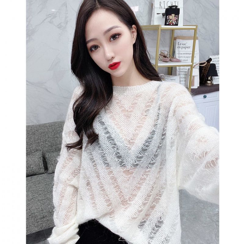 Spring new mohair sweater European loose perspective sexy knitwear women's foreign style hollow out