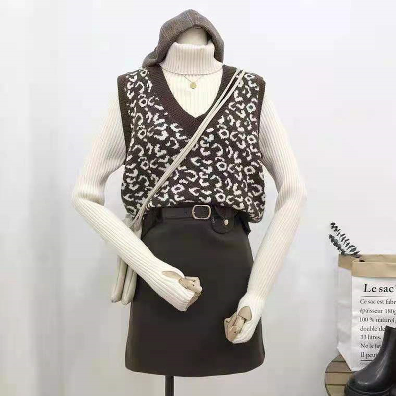Cashmere vest jacquard waistcoat collar leopard print vest knitted women's spring wear new sleeveless Camille