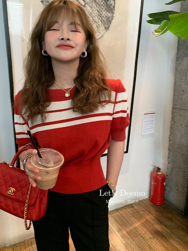 Roman holiday blouse fashionable retro up thin striped waist knit women's summer top