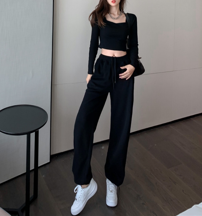 Large size spring and autumn loose wide leg sports pants women's simple casual pants in Europe and America