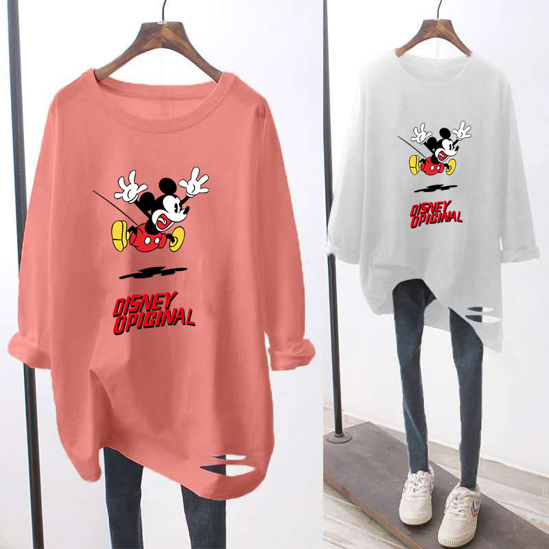 Large size hole women's spring loose Korean long sleeve T-shirt blouse