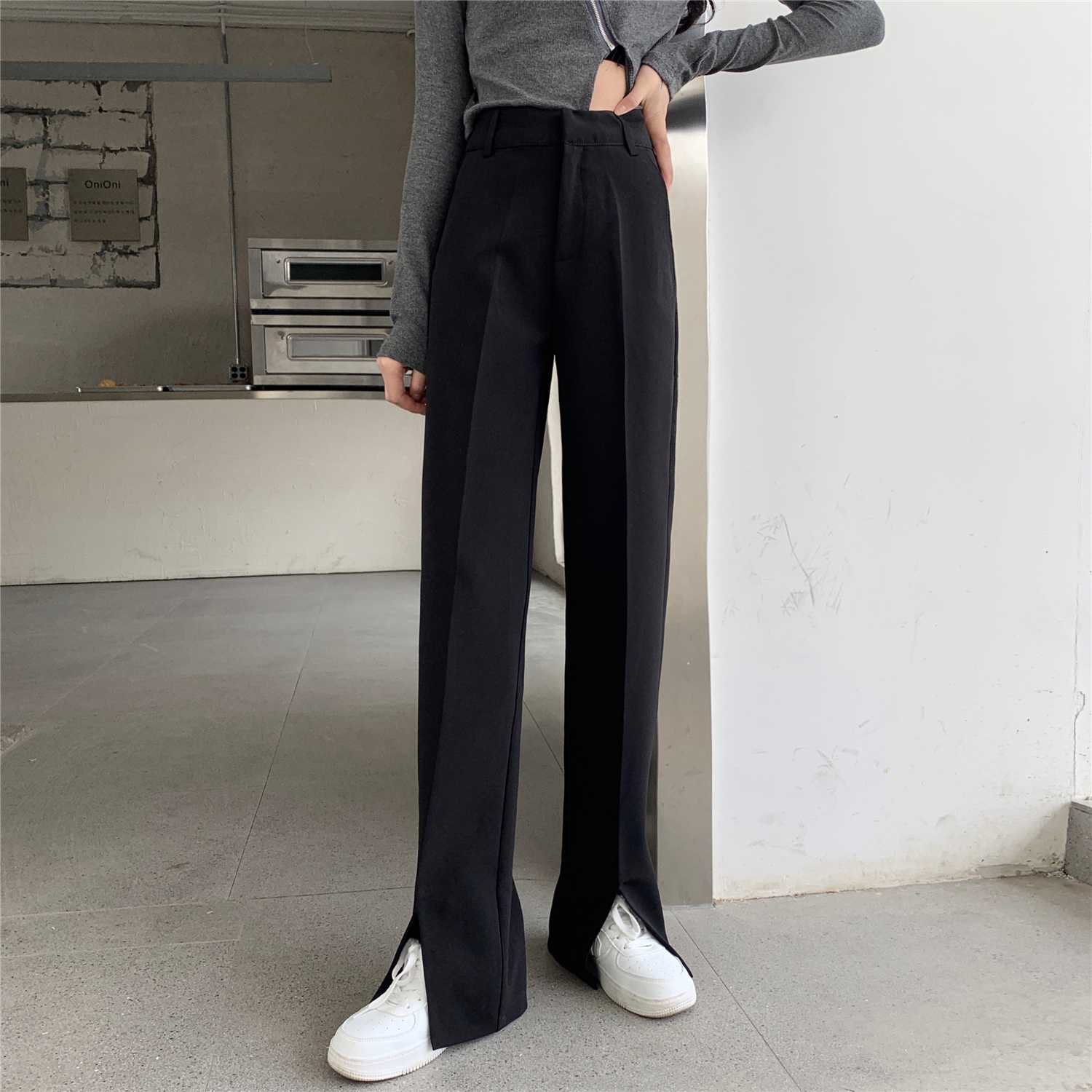 Non real pants material large split wide leg women's straight suit pants high waist drop feeling floor pants