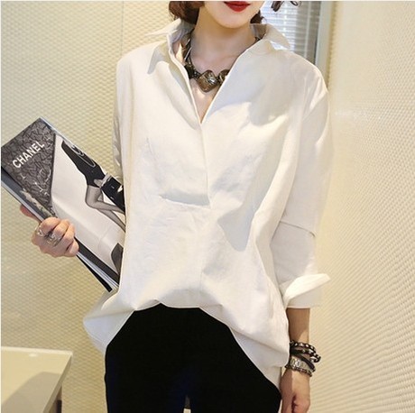 Loose size long sleeve shirt V-neck bat sleeve cotton solid back stitching shirt for women