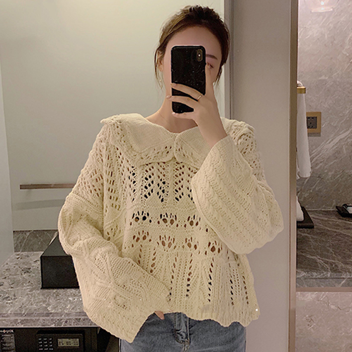 Spring and autumn Korean version baby collar loose hollow out sweater women's short trumpet sleeve Navy collar thin knit top