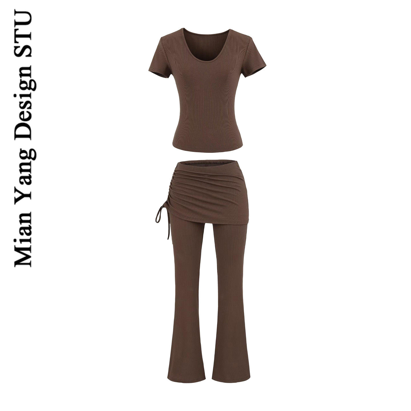 棉洋复古瑜伽运动修身短袖显瘦T恤女搭翻边抽褶辣妹普拉提喇叭裤