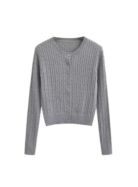 棉洋 露思纯欲BM风灰色麻花长袖针织开衫女春秋修身显瘦毛衣外套