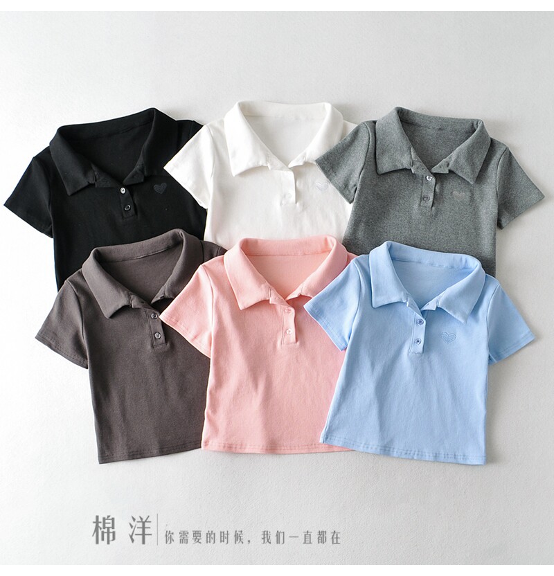 MIANYANG 여름 반팔 미국 대학 스타일 티셔츠 기본 폴로 칼라 짧은 자수 사랑 탑 여성 트렌드
