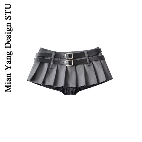 超短辣妹a字防走光双腰带百褶裙