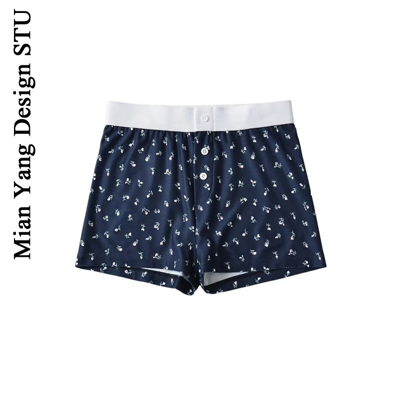 棉洋美式辣妹BM纯欲碎花性感低腰短裤棉夏三粒扣热裤睡衣居家套装