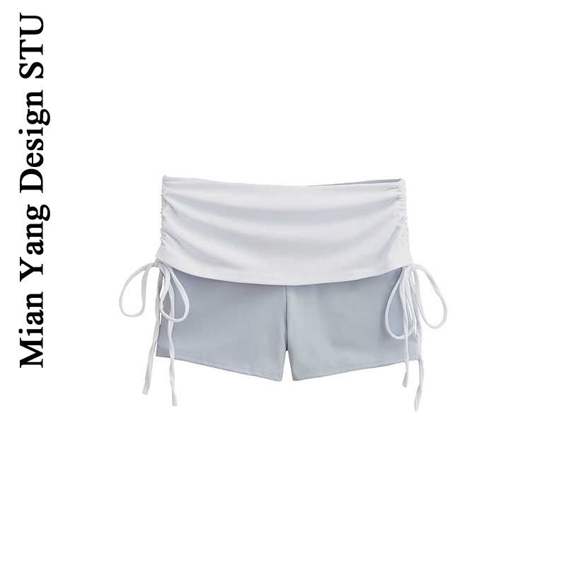 棉洋美式拼接撞色翻边弹力紧身瑜伽短裤女性感抽褶绑带运动超短裤