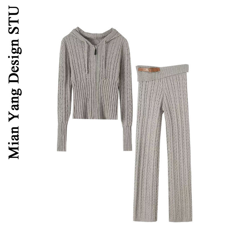 棉洋 ins博主风针织连帽毛衣外套+灰色翻盖腰头麻花长裤时尚套装,女装/女士精品,时尚套装,淘宝优惠券,粉丝福利购,淘宝优惠卷